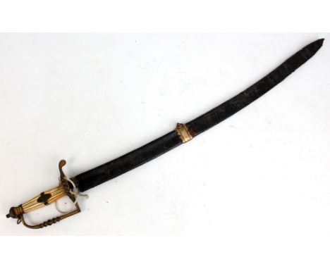 A naval (possibly) hanger, the ivory or bone grip with metal band inscribed 'MLRVrA', in leather scabbard (af), blade length 