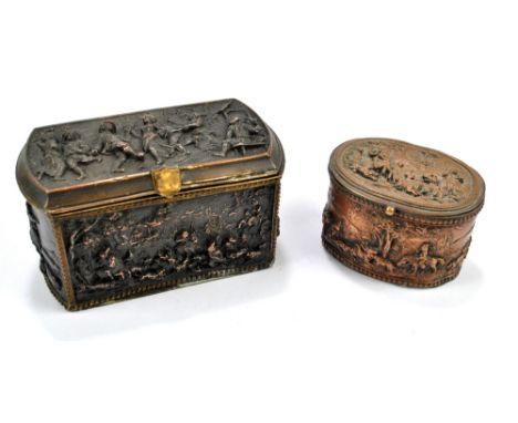 A 19th century embossed copper and brass trinket box of rounded rectangular form, with allover figurative detail, width 11.5c