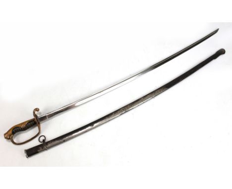 A Japanese Army Junior Officer's parade sabre, the fullered blade stamped to base 'Tokyo Japan Suya', with pierced foliate mo