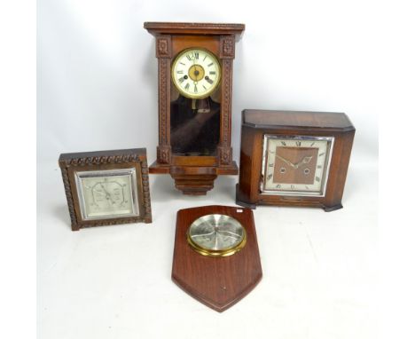 An early 20th century musical Vienna style wall clock, length 40cm, a mantel clock and two barometers (af) (4).