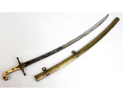 A William IV mameluke with etched detail to blade, gilt crossguard and ivory handle in metal scabbard, blade length approx 77