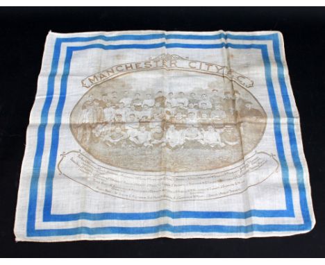 A Manchester City FC handkerchief, circa 1913, with printed image of team and board with name roll below, approx 33 x 36cm.  