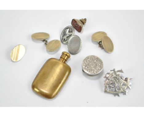 A small group of jewellery including a pair of gold plated engine turned cufflinks, further odd cufflinks, hallmarked silver 