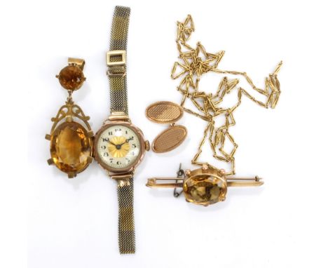 A 9ct yellow gold fancy link chain necklace, length 81cm, a yellow metal pendant set with citrine, a similar bar brooch and a