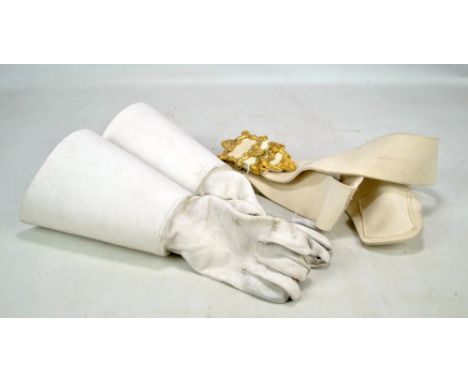 A modern white suede military guard sash with gilt metal buckle and a pair of gauntlets (3).