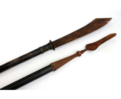 A Chinese podao with wooden shaft, length approx 238cm (possibly lacking pommel), and another similar sized long arm with sha