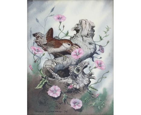 ROBIN GIBBARD (1930-2014); watercolour, a bird perched on tree trunk amongst flowers, signed and dated '75 lower left, 25.4 x
