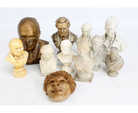 A group of busts including Parian ware example depicting Robert Burns and stamped 'Bourne' to reverse, height 21cm, and furth