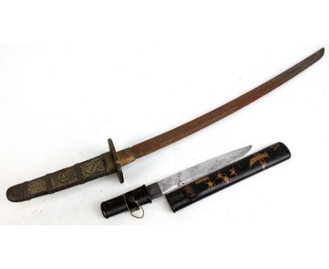 A Japanese sword for restoration with curved blade to floral decorated tsuba and further floral decorated metal grip with rep