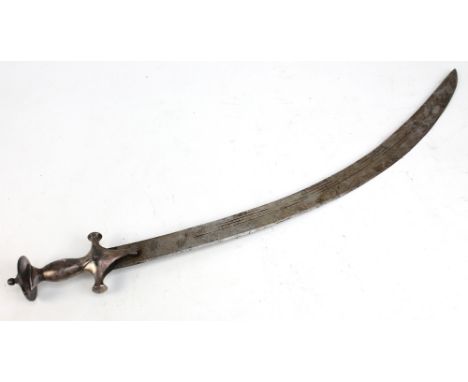 A tulwar with curved blade to white metal crossguard and grip with floral detail to butt plate, lacking scabbard, blade lengt