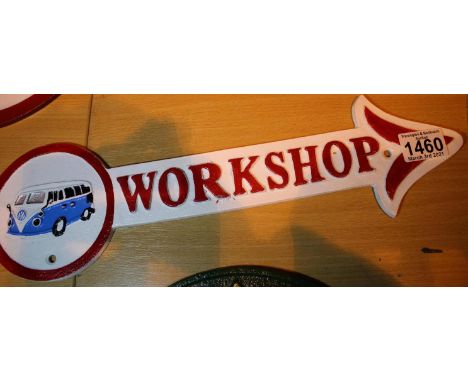 Cast iron VW Workshop arrow plaque, L: 41 cm. P&amp;P Group 2 (£18+VAT for the first lot and £3+VAT for subsequent lots) 