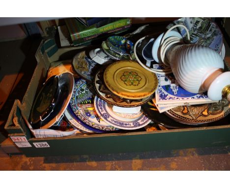 Box of mainly tourist related ceramic plates and a Wedgwood Atlas ceramic card holder. Not available for in-house P&amp;P, co