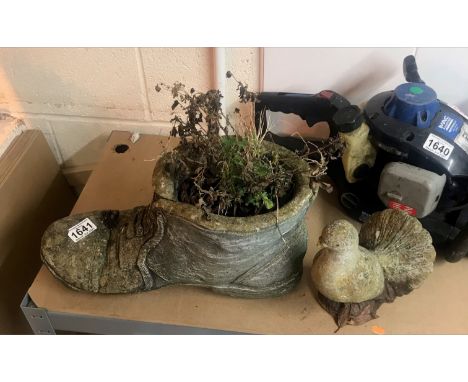 Stoneware garden boot planter and stoneware Pigeon. Not available for in-house P&amp;P, contact Paul O'Hea at Mailboxes on 01