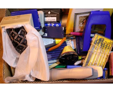 Box of mixed stationary items including stapler, hole punch, Kodak Premium photo paper, tools etc. Not available for in-house