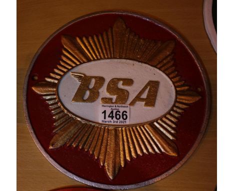 Cast iron BSA Motorcycle red and gold sign, D: 25 cm. P&amp;P Group 2 (£18+VAT for the first lot and £3+VAT for subsequent lo