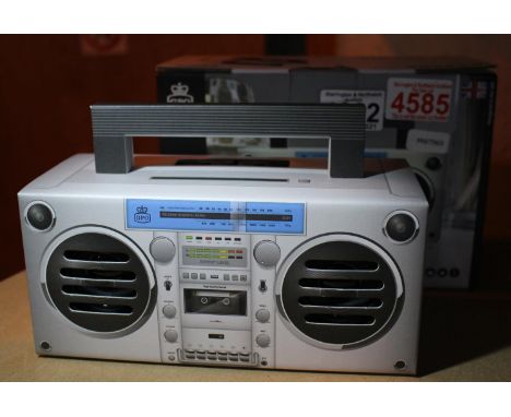 Silver GPO Bronx mini boombox Bluetooth speaker; compact retro portable speaker with rechargeable battery includes USB Port &