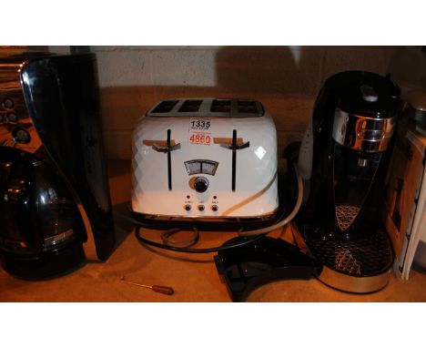 Shelf of electrical items including bread maker, Breville and Prestige coffee machines etc. Not available for in-house P&P, c