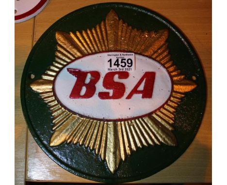 Cast iron BSA Motorcycle circular sign, D: 25 cm. P&amp;P Group 2 (£18+VAT for the first lot and £3+VAT for subsequent lots) 