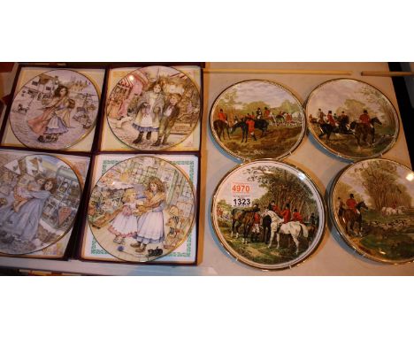 Six Edwardian hunting scene display plates and four boxed Royal Worcester Christmas plates dated 1987, 88, 89, 90. Not availa