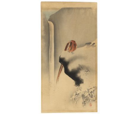 Artist: Koson Ohara (1877-1945)Title: Copper Pheasant in SnowPublisher: DaikokuyaDate: Early 20th centurySize: 36.8 x 18.9 cm