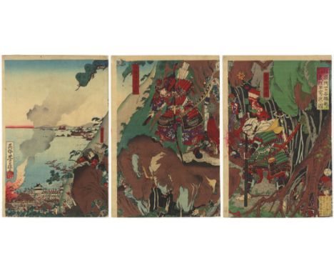 Artist: Yoshifuji Utagawa (1828â€“1887)Title: The Battle of Ichinotani, ä¸€ãƒŽè°·ã®æˆ¦ã„Publisher: Higuchi GintaroDate: late 