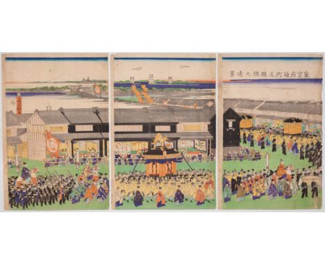 Artist: Yoshifuji Utagawa (1828-1887)Title: Distant View of Gofuku Bridge from Tori-machi, Tokyo DistrictPublisher: Sawamuray