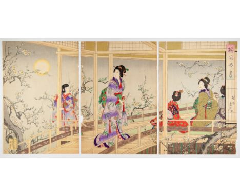 Artist: Chikanobu Yoshu  (1838-1912)Title: Plum-blossom in the MoonlitPublisher: Yokoyama SonomatsuDate: 1895Size: (L) 35.1 x