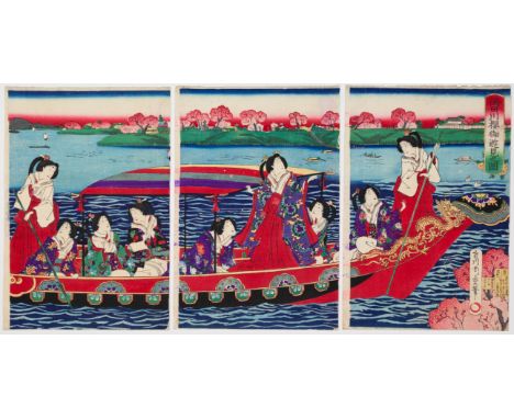 Artist: Chikashige Morikawa (act.1869-1880s)Title: Noble Ladies Enjoying Cruising and Viewing Cherry BlossomsPublisher: Komor