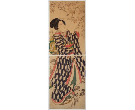 Artist: Chikayoshi Gokyoro (act.1860s)Title: Young Lady under the Cherryblossom TreePublisher: Yamashiroya JinbeiDate: 1865Si