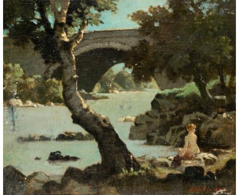 OFFERED WITHOUT RESERVE - • BERTRAM NICHOLLS, P.R.B.A., R.O.I. (1883-1974) THE DEVIL'S BRIDGE, KIRKBY LONSDALE, CUMBRIA, sign