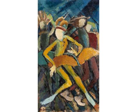 • ATTRIBUTED TO BEN ENWONWU, M.B.E. (1917-1994) DANCERS signed & dated l.l. BEN ENWONWU 1951 oil on canvas 81.5 x 46.0cm / 32