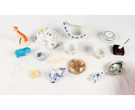 A Halcyon Days enamel box with inscription dated 1987, a Copenhagen model of a frog on a mound and other decorative items