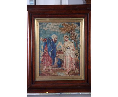 A 19th Century tapestry panel, "Rebecca at the Well", 11 1/2" x 9", in rosewood frame