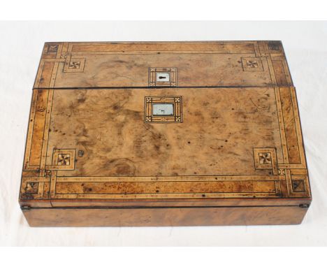 A Victorian figured walnut table writing box with sloping front decorated mother-of-pearl panels and marquetry, 14" wide
