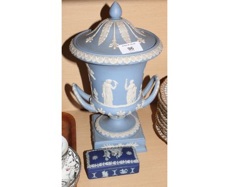 A Wedgwood blue jasperware two-handled campana vase and cover on square base and a Wedgwood trinket box