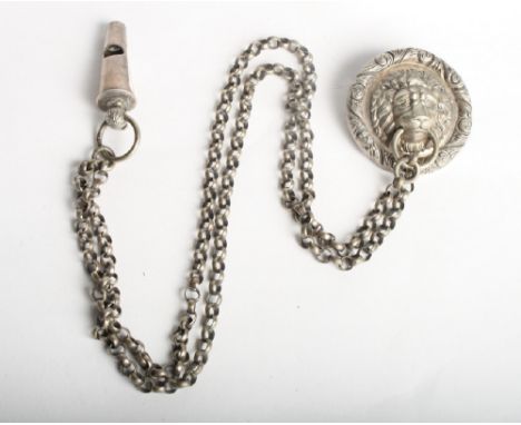 A 19th Century silver plated lion chain and whistle set