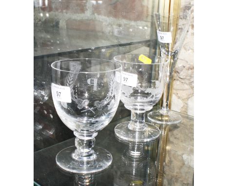 A wine glass, bowl engraved hunting dogs, presentation inscription dated 1976/85, a Brierley wine glass engraved "P", and ano