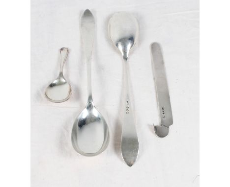 A pair of silver salad servers, 3.44oz troy approx, a silver bookmark and a plated caddy spoon