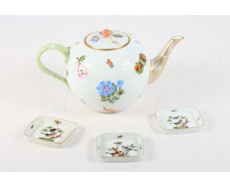 A Herend china teapot decorated flowers and osier border and a set of three rectangular trinket dishes (some damage)