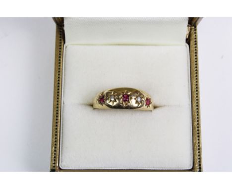18ct gold diamond and ruby gypsy ring, UK ring size Q