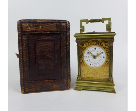 French brass repeater carriage clock by E Mercier &amp; Co, striking on a gong, the enamel dial with Arabic numerals and reta
