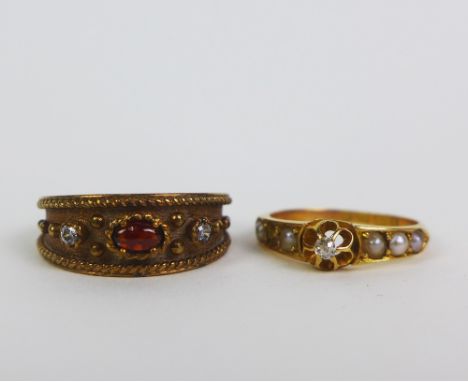 18ct gold diamond and seed pearl ring and a 9ct gold gemset ring, (2) 