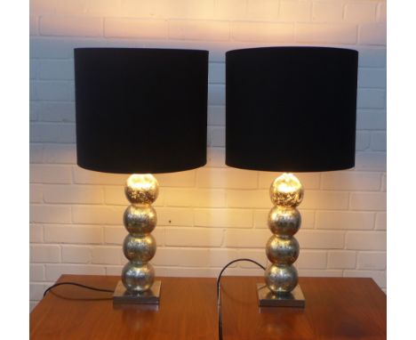 Pair of four ball silver leaf table lamp bases with black shades, height overall 70cm (2)