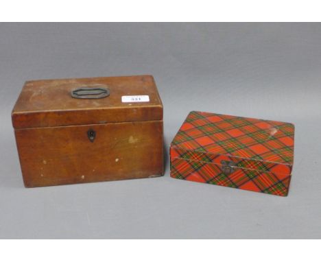 Tartanware box, 18cm,  and a 19th century mahogany tea caddy with two led lined divisions,  (20