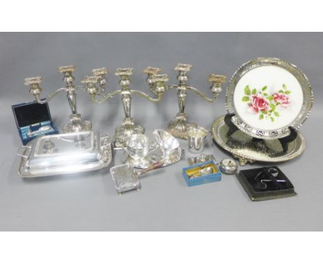 Carton containing a collection of Epns wares to include entree dish, candelabra, trays, etc (a lot) 