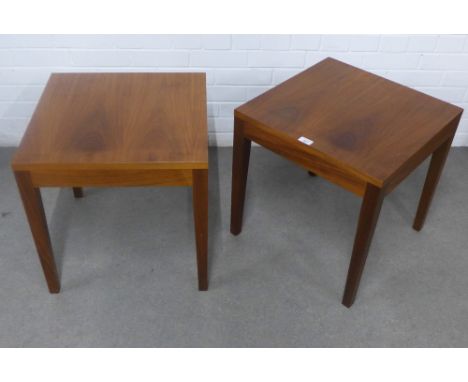 A pair of modern walnut coloured lamp / side tables, on square tapering legs, 50 x 50cm (2) 