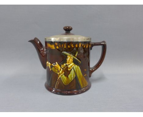 Doulton Kingsware teapot with London silver mounts, 14cm high 