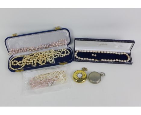 A collection of cultured and faux pearls, some with gold clasps, gold plated half hunter pocket watch and a pocket compass, e