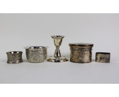 Victorian silver sugar bowl, Sheffield 1887, silver trinket jar and cover, Birmingham 1905, silver desk candlestick Birmingha