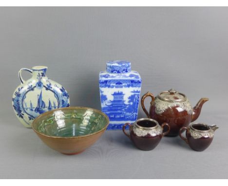 Mixed lot to include a Birmingham silver mounted teapot, cream jug and sugar bowl (a/f) , studio  pottery bowl, Ringtons, blu